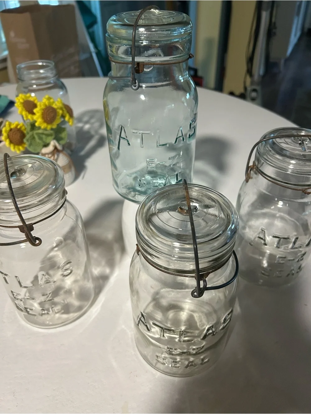 Pristine Condition Set of 4 Vintage Clear Glass ATLAS Mason Jars, Wire Bail Lid